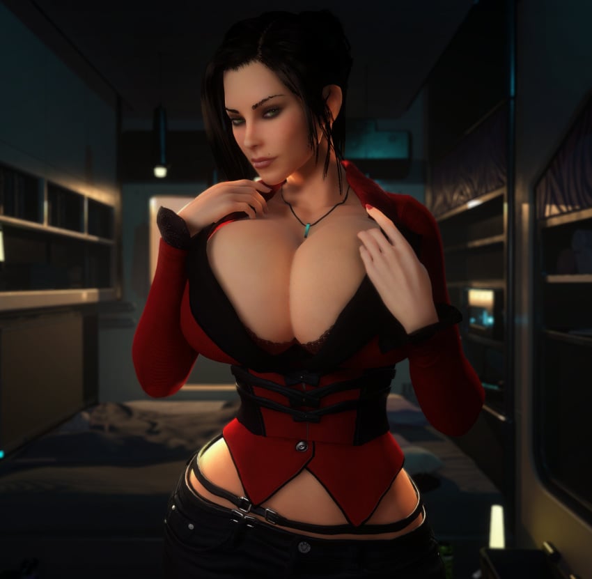 1girls 3d 3d_(artwork) alternate_breast_size big_breasts big_hips black_hair black_hair_female breasts breasts_bigger_than_head breasts_bigger_than_torso cleavage clothed clothed_female elexis_sinclaire exposed_hips female female_human female_only female_solo gigantic_breasts green_eyes hi_res high_resolution highres hips huge_breasts human human_female human_solo indoors large_breasts large_hips looking_at_viewer necklace sin_(game) solo solo_female top_heavy upper_body vaako wide_hips