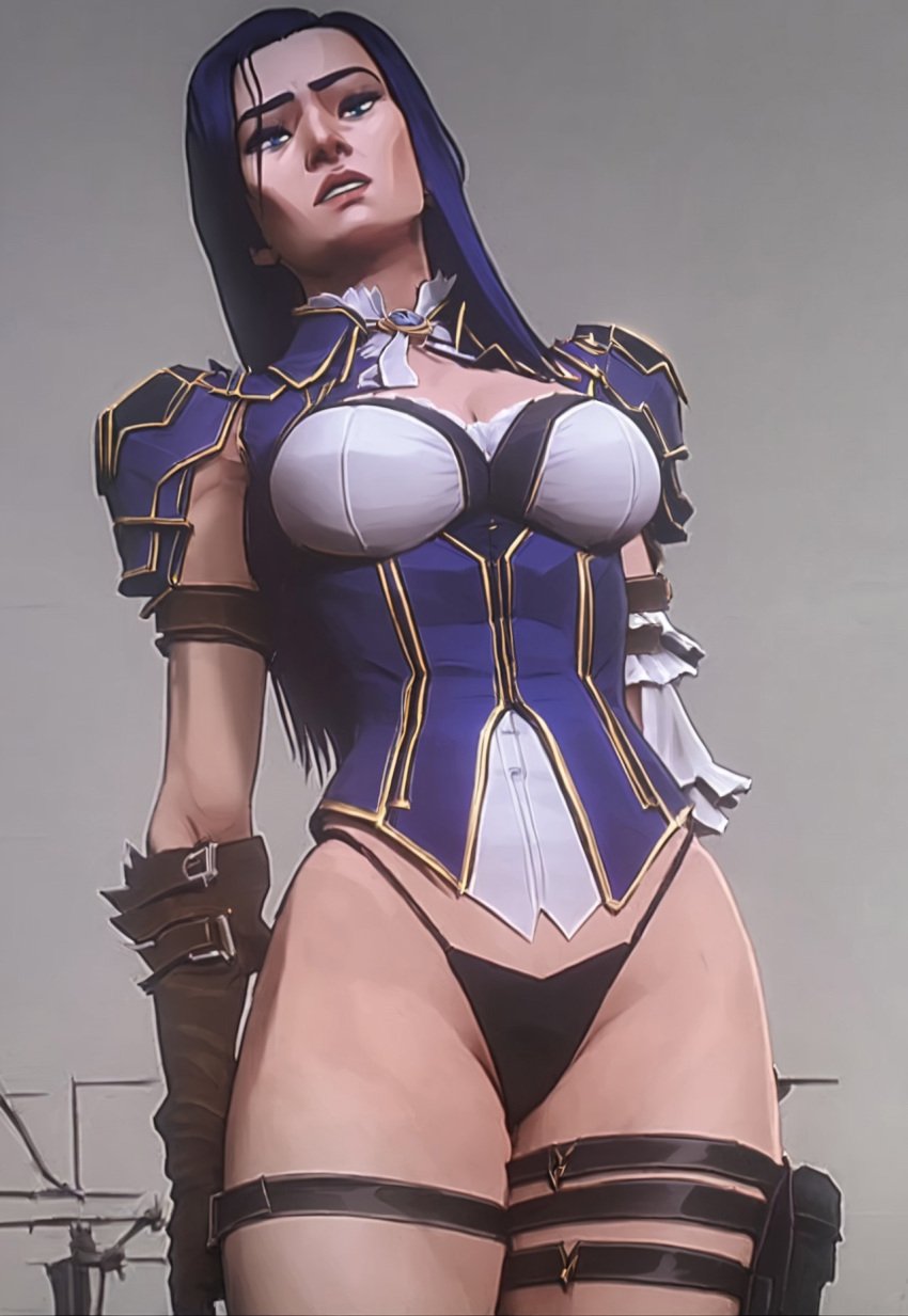 2d ai_generated arcane arcane_caitlyn caitlyn_kiramman gloves outfit panties riot_games solo standing thong underwear uniform uniform_top