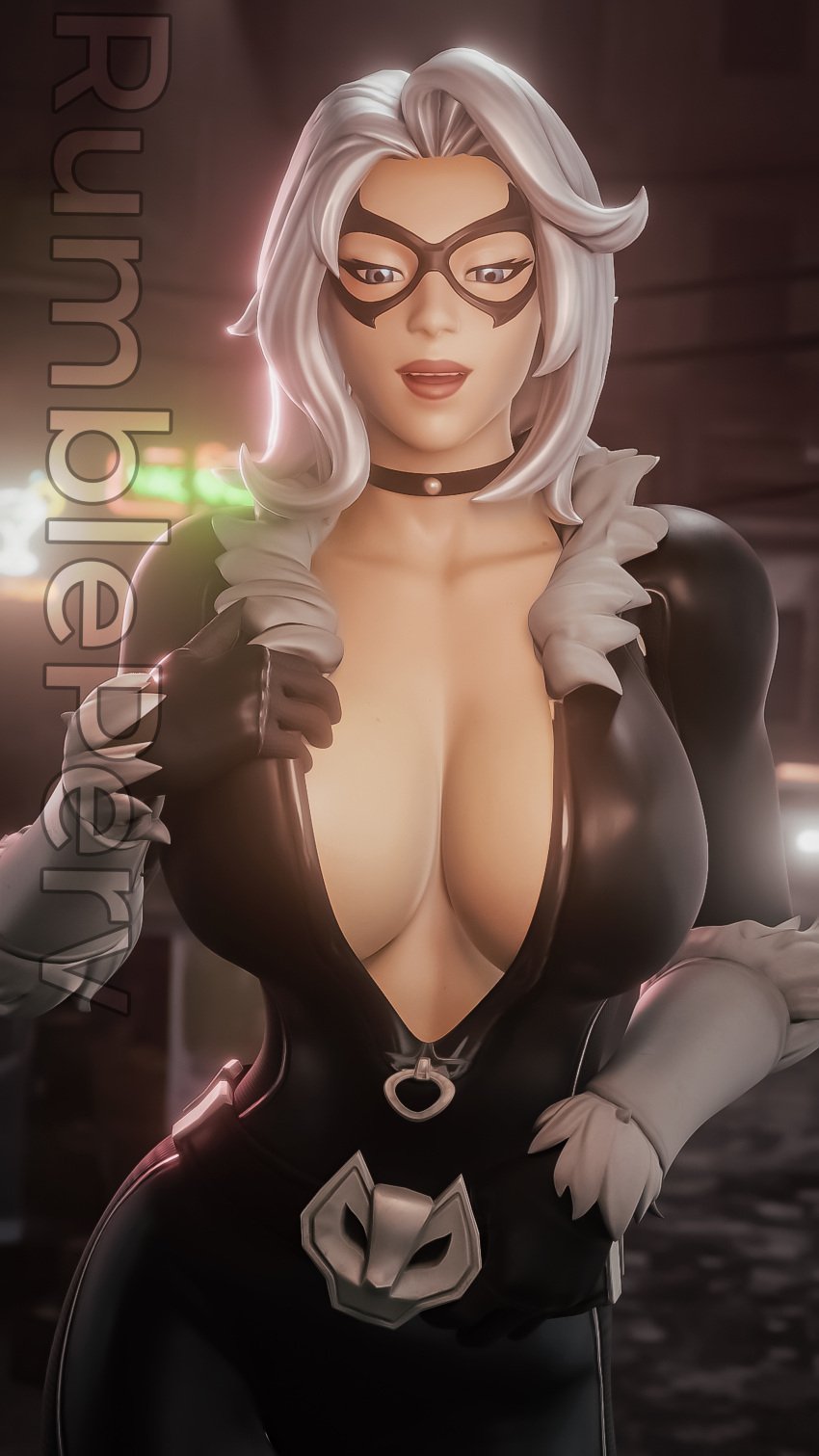 1girls 3d big_breasts black_bodysuit black_cat_(fortnite) black_cat_(marvel) blue_eyes bodysuit breasts choker cleavage eyemask felicia_hardy female female_only fortnite fortnite:_battle_royale light-skinned_female light_skin long_hair marvel marvel_comics mostly_clothed rumbleperv solo solo_female spider-man_(series) tagme unzipped unzipped_bodysuit white_hair