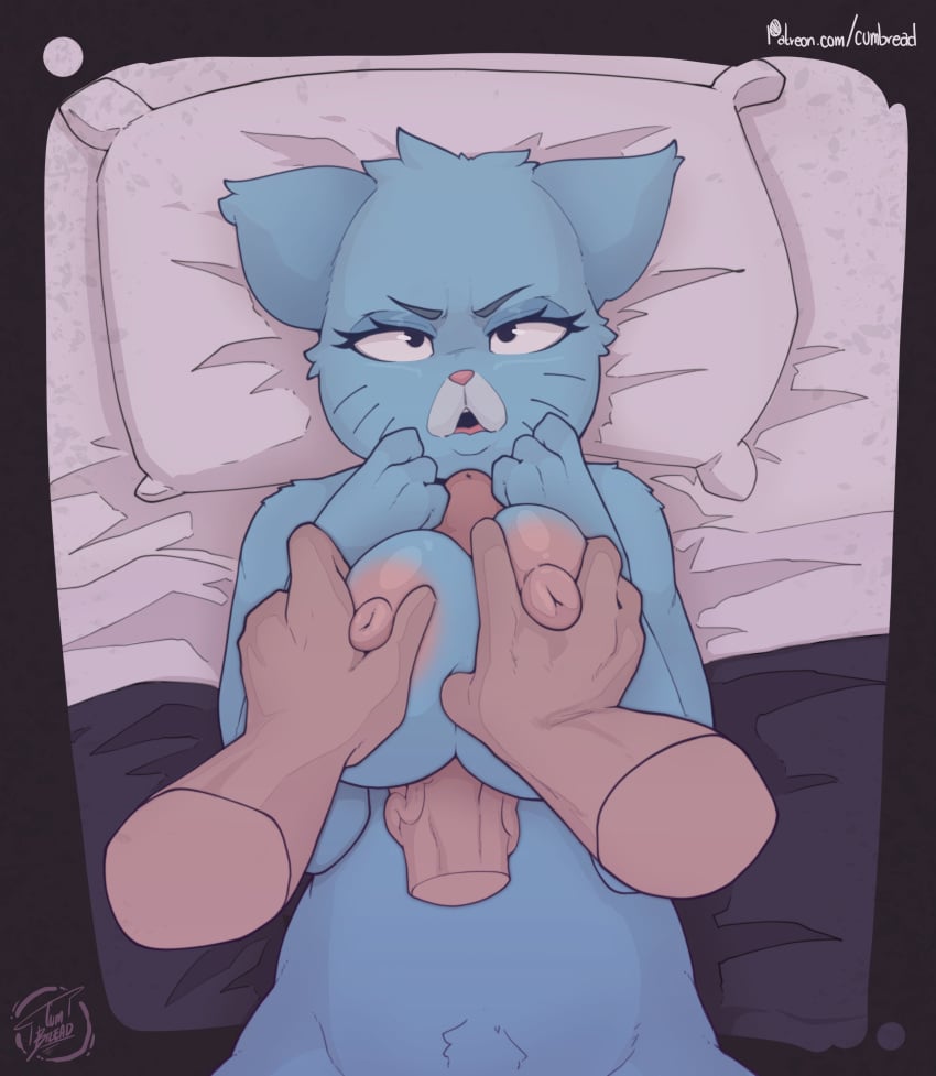 absurd_res anthro blue_body breast_grab breast_play breasts cartoon_network cumbread domestic_cat duo felid feline felis female genitals hand_on_breast hi_res male male/female mammal mature_female nicole_watterson nipples nude penis pillow sex the_amazing_world_of_gumball titjob