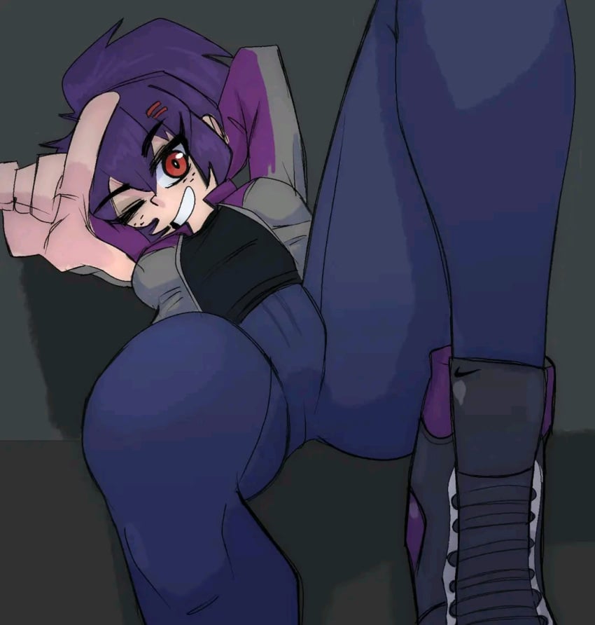 black_shirt black_wall blue_pants ekowrosmic l pose purple_hair sfw sfw_version sugestive_pose sweat