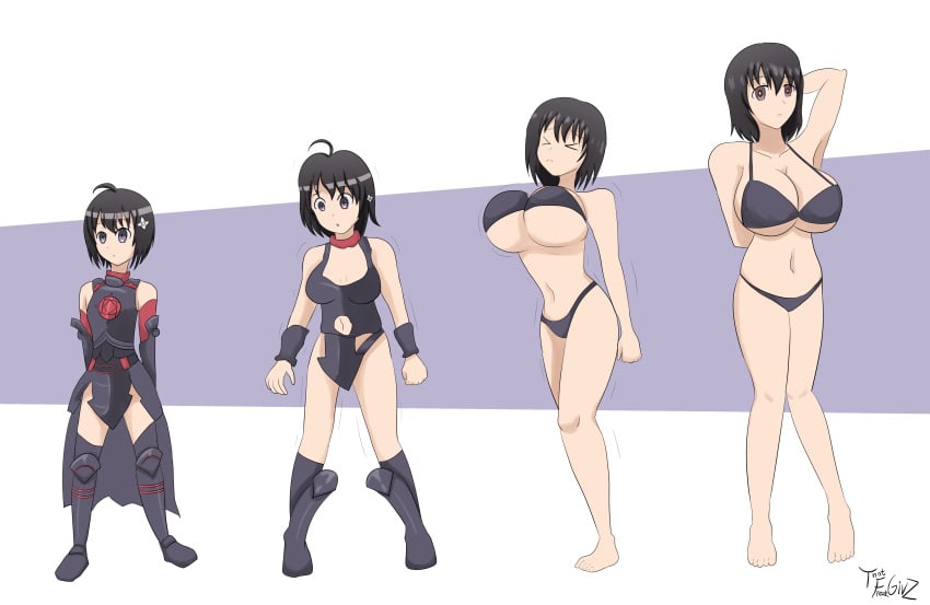 ass_expansion bikini black_bikini black_hair breast_expansion cleavage clothing_transformation grey_eyes itai_no_wa_iya_nano_de_bougyoryoku_ni_kyokufuri_shitai_to_omoimasu kotone_shirakawa maple_(bofuri) overflow_(series) thatfreakgivz transformation transformation_sequence