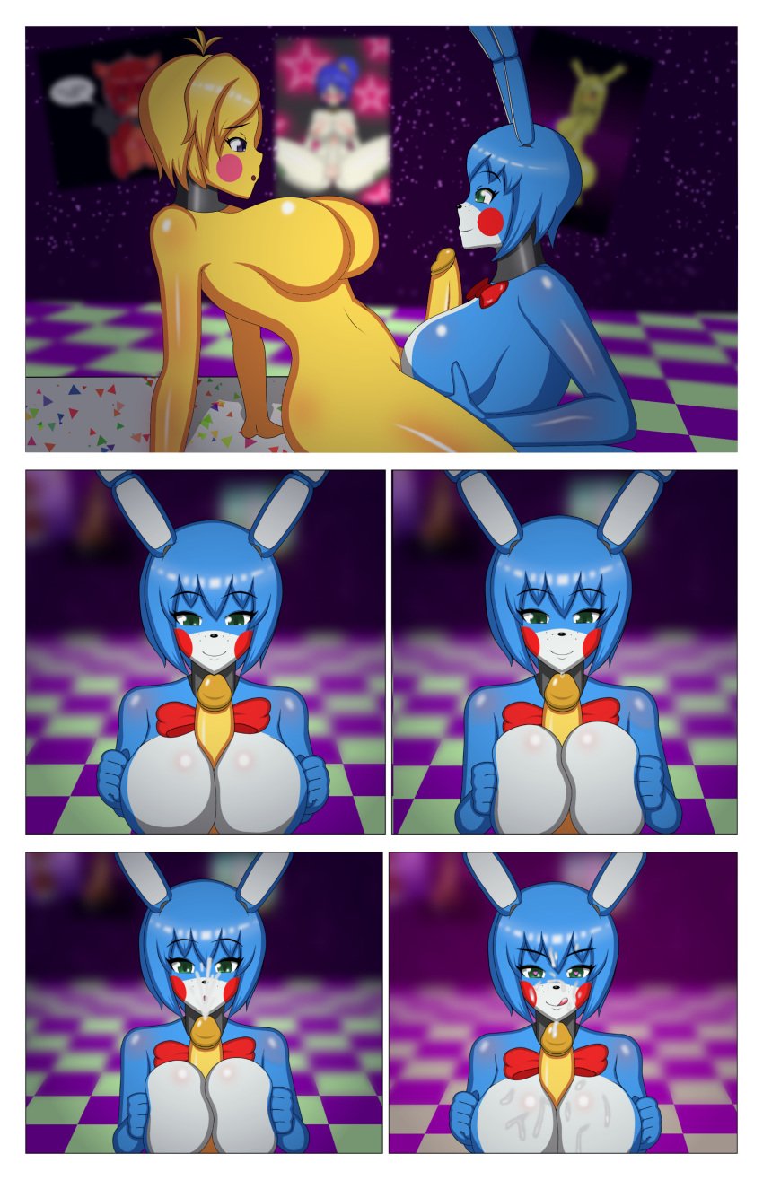 1futa 1girls anthro blackfox6409 blue_body blue_eyes blue_hair blue_skin bonnie_(fnaf) bonnie_(fnia) breasts chica_(fnia) cock cum cum_on_breasts cum_on_face cumming dick dickgirl ejaculating_cum ejaculation female female_focus five_nights_at_freddy's five_nights_in_anime floor fnia futanari genitals green_eyes heart_eyes looking_at_partner looking_at_penis penis rabbit rabbit_ears sitting sitting_on_table smile smiling table titjob toy_bonnie_(fnaf) toy_chica_(fnaf) yellow_body yellow_hair yellow_skin