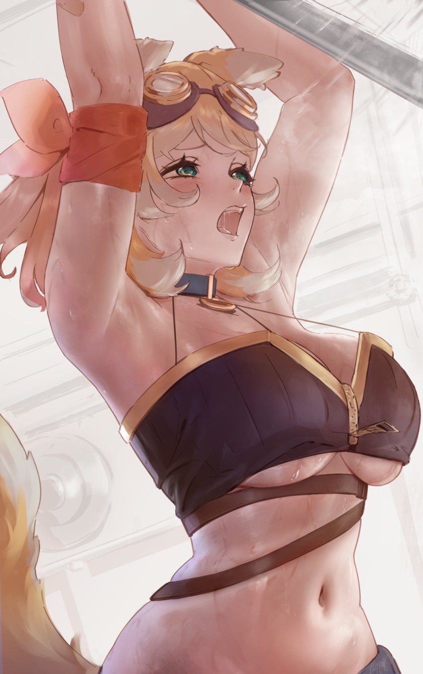 1girls absurd_res armpits arms_up blonde_hair bonnie_barkswell eufrik globie green_eyes short short_hair solo_female solo_focus sweat sweating underboob vapor virtual_youtuber vtuber