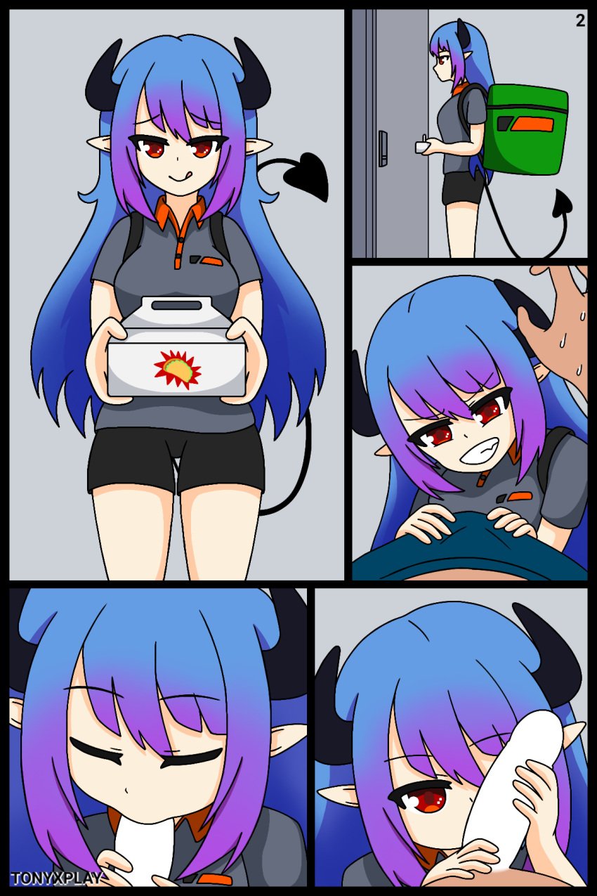 1boy 1boy1girl 1girls blowjob blue_hair comic comic_page comic_panel demon_girl demon_horns demon_tail dick dick_in_mouth felation fellatio female long_hair male mikanory_sucubo original_character purple_hair red_eyes shorts succubus succubus_horns succubus_tail t-shirt tony_x_play tonyxplay