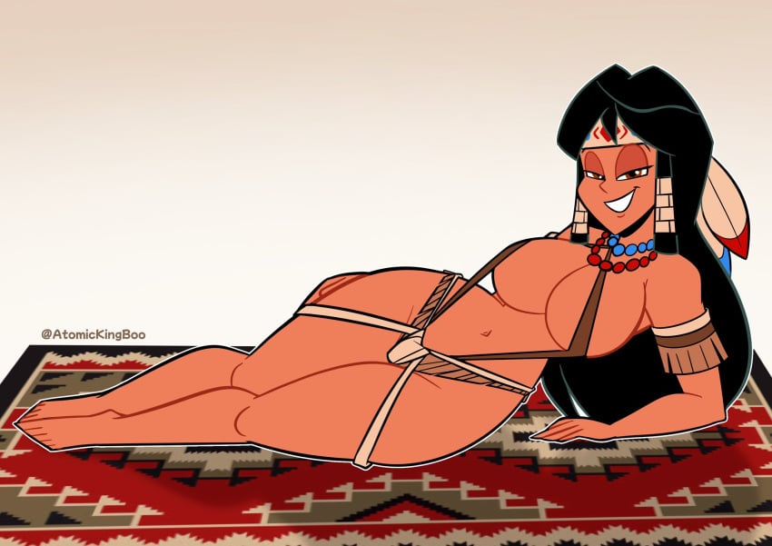 1girls atomickingboo bethany_hummingbird big_breasts breasts dark-skinned_female dark_skin female female_only looking_at_viewer lying_on_side native_american original revealing_clothes smile solo