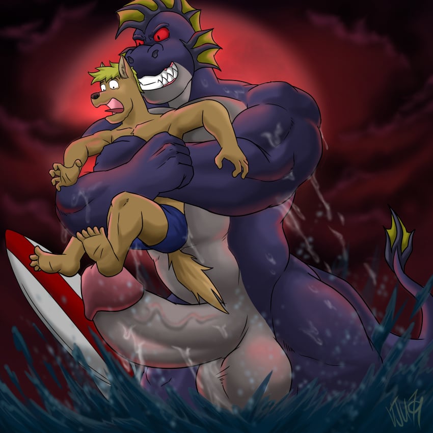 absurd_res anthro aquatic_dragon balls big_balls big_penis blonde_hair blood_moon blue_body blue_bottomwear blue_clothing blue_shorts bottomwear brown_body canid canine canis clothed clothing digital_media_(artwork) dragon duo erection fin frill_(anatomy) genitals gharn_(vju79) glans grabbing_from_behind grin guss_(vju79) hair head_crest head_fin head_frill hi_res humanoid_genitalia humanoid_penis male male/male mammal marine muscular muscular_anthro muscular_arms muscular_male mythological_creature mythological_scalie mythology nude outside partially_submerged penis rape_face scalie scared shorts signature size_difference sky smile surfboard topless topless_anthro topless_male vein veiny_penis vju79 wet wet_body wolf