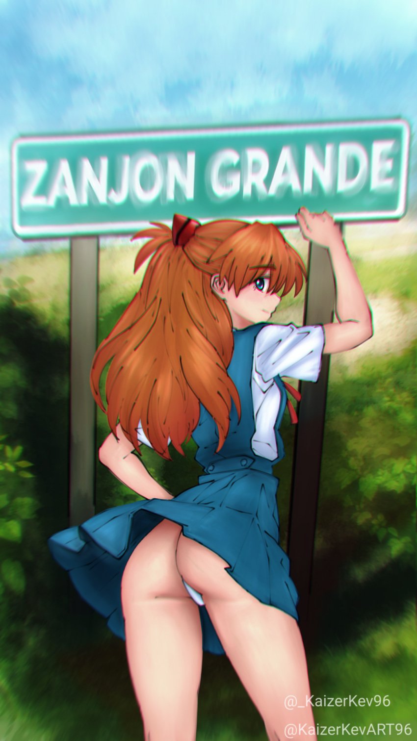 1girls against_object ass asuka_langley_sohryu big_ass blue_eyes blush breasts bubble_butt clothes_lift come_hither fat_ass female female_only hand_on_own_hip highres legs long_hair looking_at_viewer looking_back neon_genesis_evangelion orange_hair panties pantyshot pose posing school_uniform sensual sideboob skirt skirt_lift small_breasts smile solo spanish_text thighs thong twintails underwear voluptuous