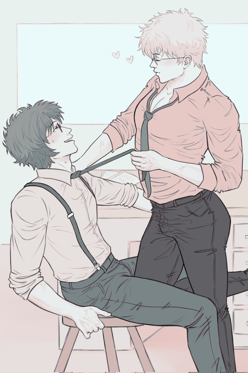 2boys blush bulge class_3-z fully_clothed gay gintama gintoki_sakata glasses male male_only muscular muscular_male necktie necktie_pull official_alternate_costume pinup profile restricted_palette sakamoto_tatsuma side_view sitting sleeves_rolled_up smile so_so_seoz suspenders sweat teacher teachers tight_clothing yaoi