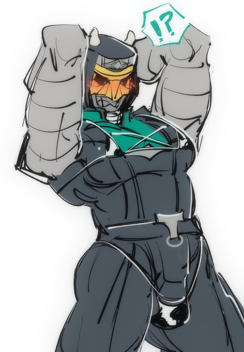 !? 1boy 2_horns armor armored_male arms_behind_head belt bikini bikini_over_clothes black_armor black_bikini blush blush_lines bull_horns crossdressing deneb_(kamen_rider) embarrassed embarrassed_male green_armor green_eyes hokawa2u horn_headband horns imagin kamen_rider kamen_rider_den-o_(series) looking_down looking_down_at_self male_focus male_only manly_crossdresser muscles muscular muscular_male robe robes small_bikini small_horns solo