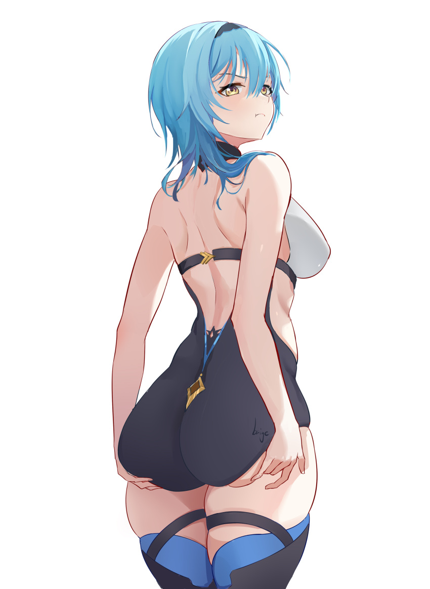 1girls absurd_res ass ass_cheeks ass_grab back back_view baige0 bangs bare_shoulders big_breasts blue_hair blush bodysuit breasts butt butt_grab closed_mouth eula_(genshin_impact) female from_behind genshin_impact grabbing_own_ass hair_between_eyes hands_on_ass hi_res highres huge_breasts large_breasts looking_at_viewer looking_back nipple_bulge plain_background pout shoulders sideboob simple_background solo thick thick_ass thick_thighs thigh_highs thigh_strap thighhighs thighs tight_clothing white_background yellow_eyes