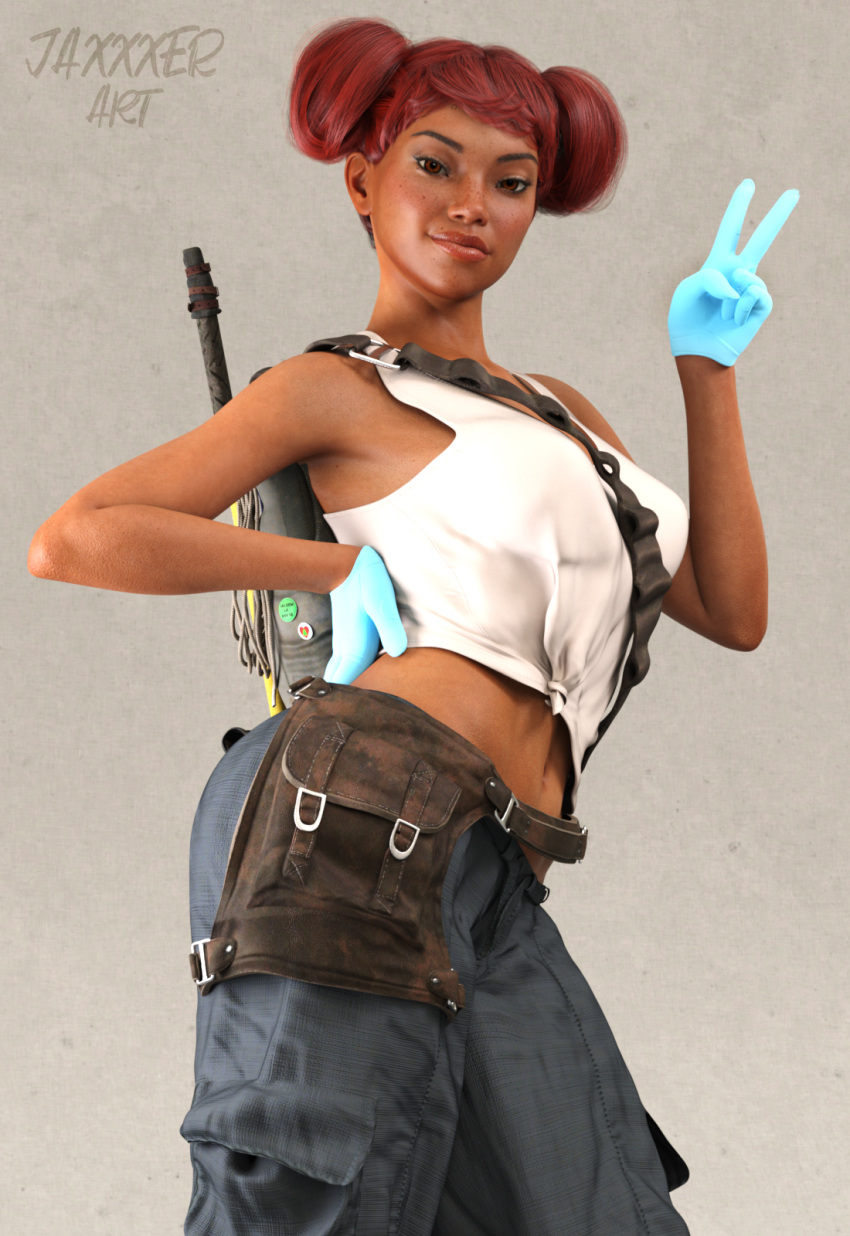 3d 3d_(artwork) apex_legends brown_eyes cargo_pants dark-skinned_female freckles hair_buns jaxxxer lifeline_(apex_legends) looking_at_viewer medical_gloves midriff peace_sign respawn_entertainment tank_top