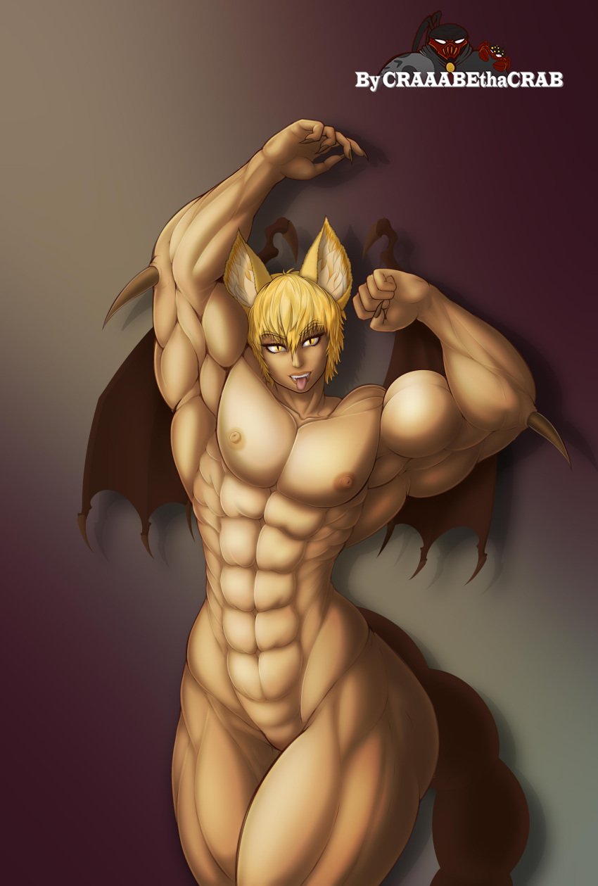 abs absurd_res athletic athletic_female back_muscles bat_wings biceps big_muscles big_pecs blonde_hair cat_ears craaabe manticore monster_girl muscular_female ripped tail toned toned_body triceps