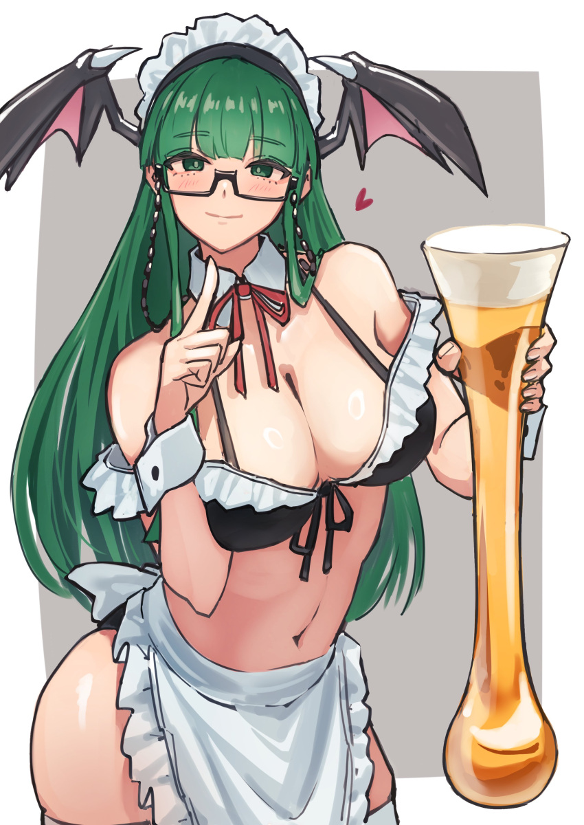 absurdres alcohol ap_cammy beer breasts cleavage cup darkstalkers demon_girl drinking_glass female female_focus front-tie_top glasses green_eyes green_hair head_wings highres holding holding_cup long_hair looking_at_viewer maid_headdress matching_hair/eyes midriff morrigan_aensland navel semi-rimless_eyewear solo wings