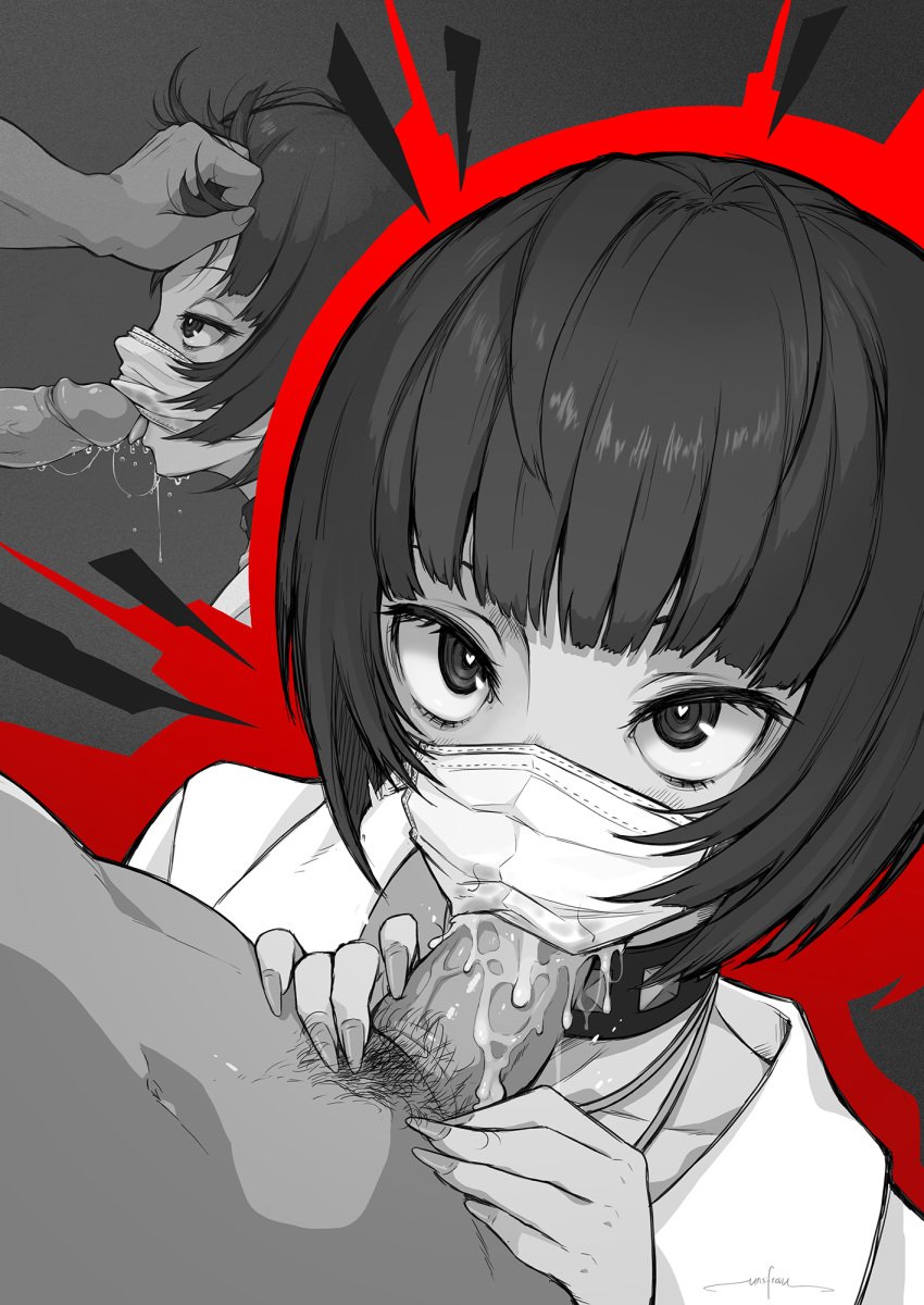 1girls artist_signature bangs big_eyes black_and_white blowjob blunt_bangs choker faceless_male fellatio heart-shaped_pupils hi_res high_resolution highres kneeling_oral_position licking licking_penis long_nails looking_at_partner mask oral oral_sex persona persona_5 saliva saliva_drip saliva_string saliva_trail sex shin_megami_tensei short_hair sucking sucking_penis swallowing tae_takemi tongue_out unsfrau