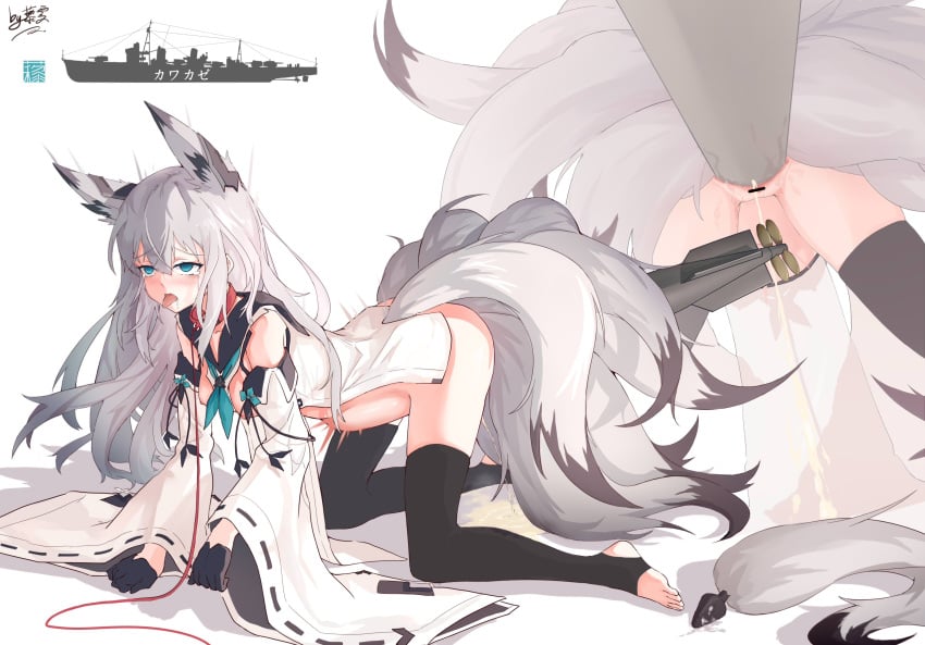 all_fours animal_ears anus azur_lane big_belly black_gloves black_legwear blue_eyes female fox_ears fox_tail gloves highres kawakaze_(azur_lane) large_insertion liwendala long_hair long_sleeves multiple_tails multiple_views navel neckerchief object_insertion peeing pussy simple_background skirt solo tail thighhighs toeless_legwear torpedo white_background white_hair wide_sleeves