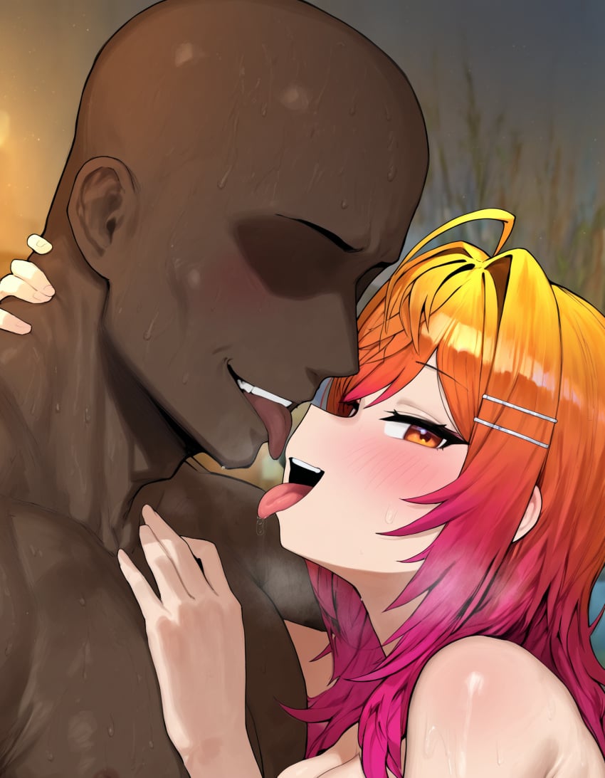 1boy 1boy1girl 1girls ai_generated dark-skinned_male faceless_male gradient_hair grin hand_around_neck hand_on_another's_chest hololive hololive_japan hug ichijou_ririka imminent_kiss interracial looking_at_viewer muscular_male open_mouth orange_hair sideways_glance size_difference smirk straight sweat sweatdrop tongue_out virtual_youtuber