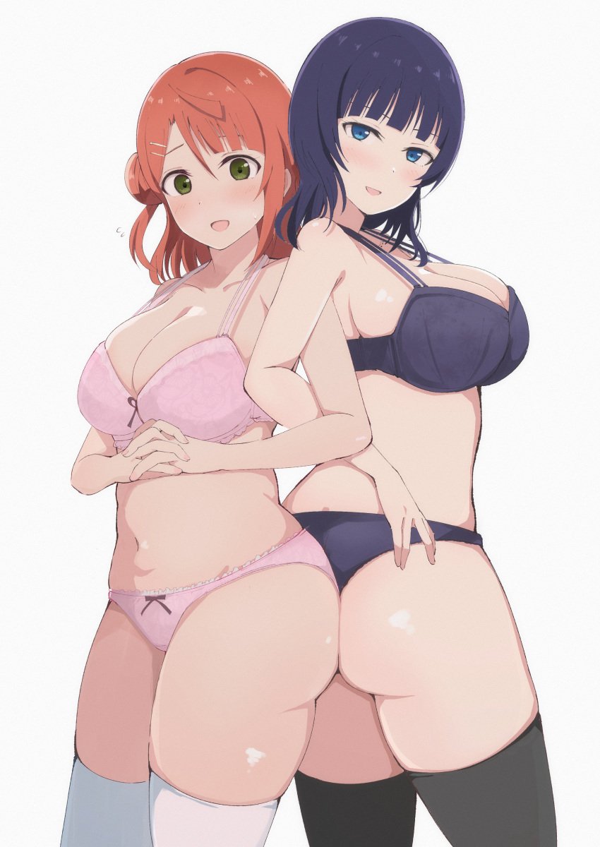 2girls asaka_karin ass-to-ass back_to_back bra large_breasts love_live! love_live!_nijigasaki_high_school_idol_club panties realistic_proportions slut uehara_ayumu wewe