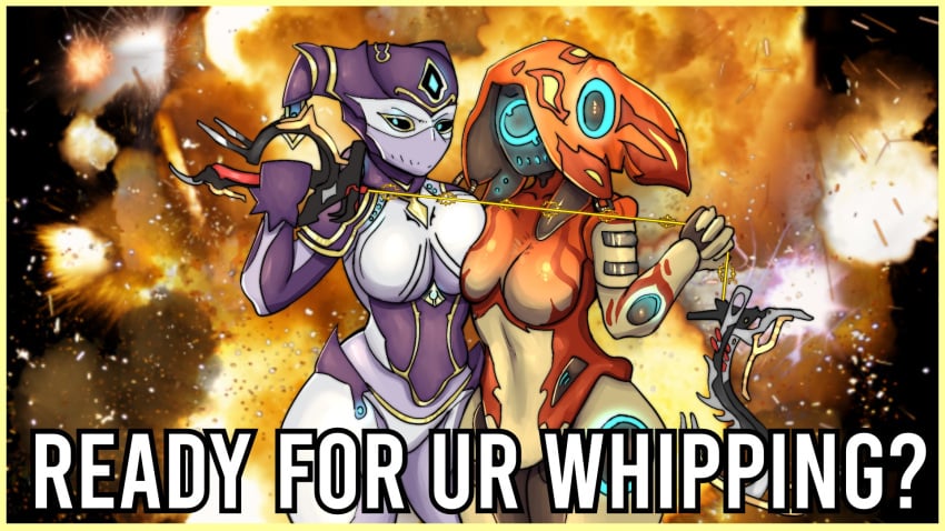 16:9 breast_press breasts explosion_background ivara_(warframe) mirage_prime_(warframe) mrwarframeguy spacewaifuart text warframe whip