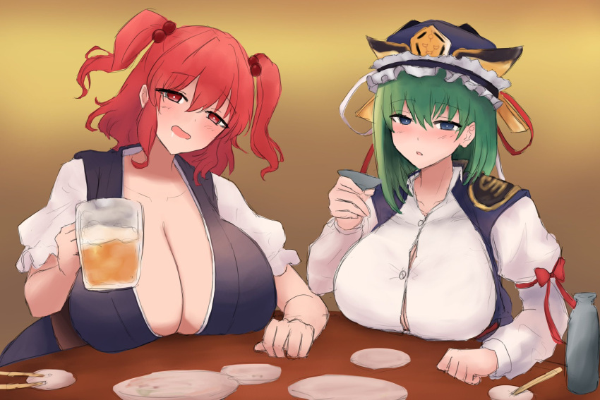 2girls beer beer_mug big_breasts blue_eyes boob_window breasts cleavage clothed_female drinking drunk eiki_shiki green_hair hat holding_drink huge_breasts komachi_onozuka light-skinned_female moriforest1040 red_eyes red_hair shinigami table touhou twintails widescreen