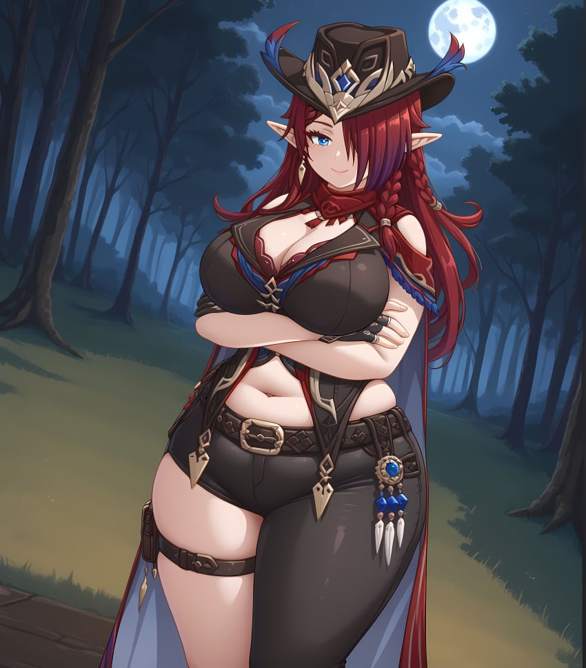 1female 1girls ai_generated bbw belly belly_button breasts chasca_(genshin_impact) chubby chubby_female exposed_belly exposed_belly_button exposed_fat_belly fat fat_female fat_girl fat_woman female female_focus female_only forest forest_background hoyoverse light-skinned_female light_skin mihoyo mihoyo_technology_(shanghai)_co._ltd. natlan_girls red_hair red_hair_female solo solo_female solo_focus standing weight_gain