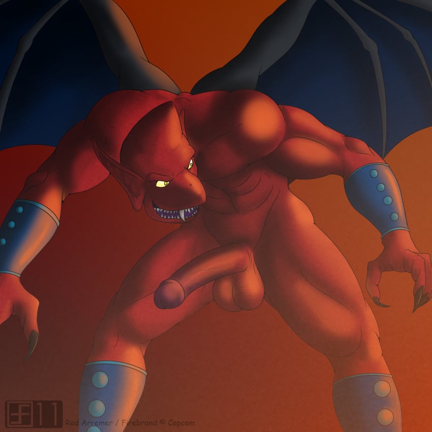 abs anklet balls bracelet capcom demon demon's_crest digital_media_(artwork) erection fangs firebrand forsen_(artist) gargoyle gargoyle's_quest genitals ghosts_'n_goblins hi_res humanoid_genitalia humanoid_penis humanoid_pointy_ears jewelry male membrane_(anatomy) membranous_wings monster non-human non-human_only nude penis pointy_ears red_arremer red_body sharp_teeth smile snout solo solo_male teeth wings yellow_sclera