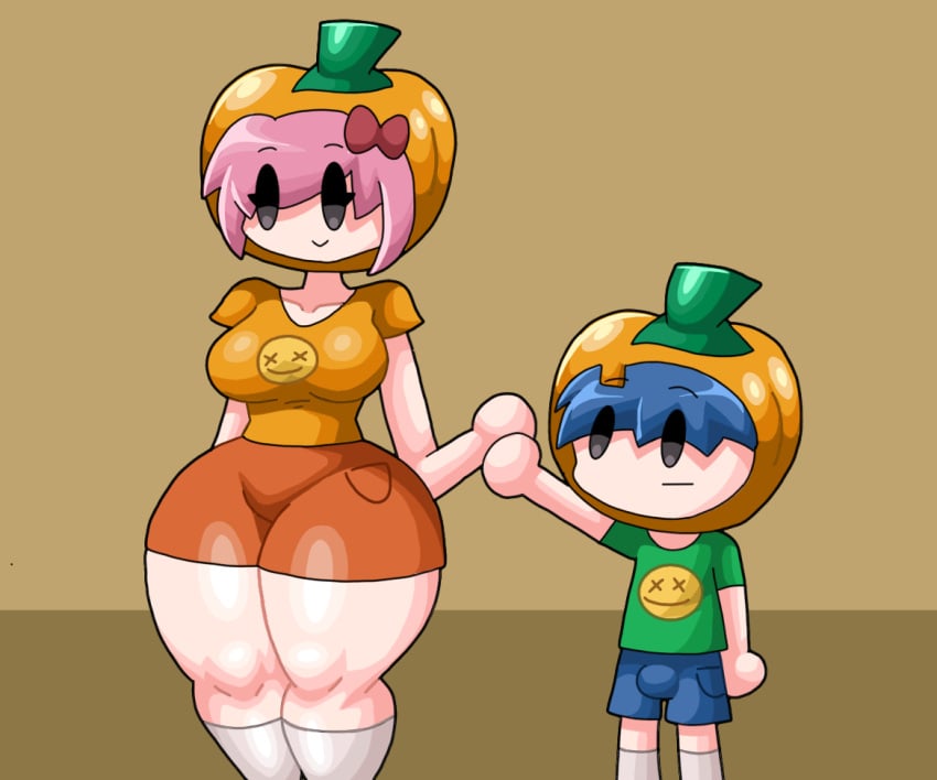 ass big_ass big_ass_(female) big_breasts blue_hair clothed pink_hair pink_hair_female pumpkin pumpkin_peel pumpkin_special standing thick_thighs wide_hips