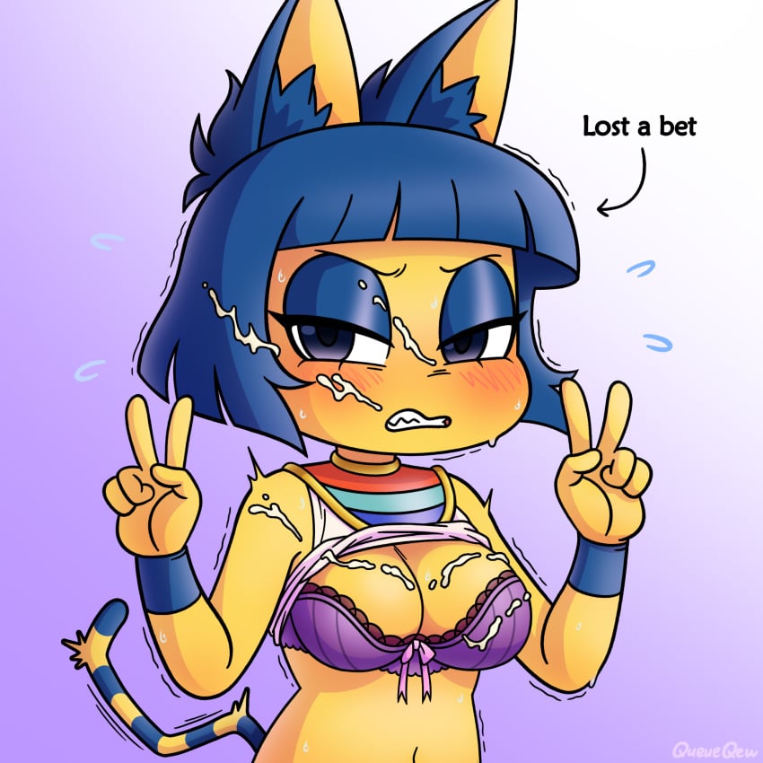 1girls animal_crossing ankha ankha_(animal_crossing) anthro big_breasts blue_hair blush bob_cut bodily_fluids bow bow_bra bra breasts cleavage clenched_teeth clothed clothing clothing_lift cum cum_in_hair cum_on_breasts cum_on_face double_v_sign dress dress_lift egyptian egyptian_clothing english_text eyelashes eyeshadow felid female fur genital_fluids gesture gradient_background hair hand_gesture hands_up hi_res inner_ear_fluff looking_aside makeup mammal markings navel nintendo open_mouth purple_background purple_bra purple_eyes queueqew shaking sharp_teeth short_hair simple_background solo striped_markings striped_tail stripes sweat sweatdrop tail tail_markings teeth text tuft underwear upper_body usekh v_sign yellow_body yellow_fur