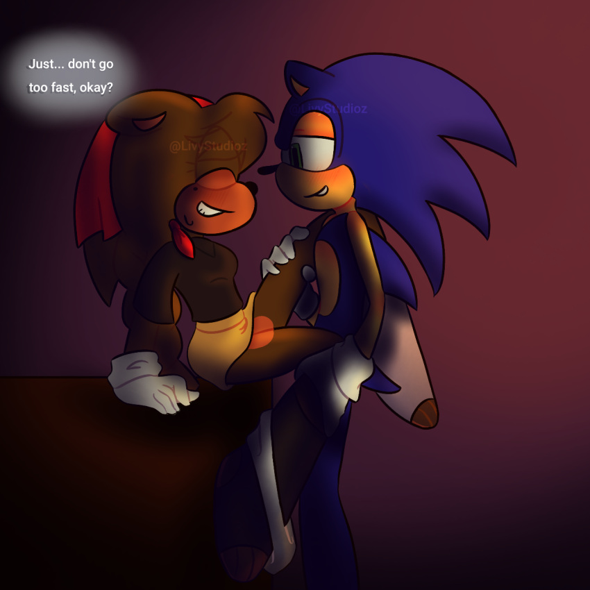 half-dressed half_naked leg_grab leg_on_shoulder legs_held_open livyestolive livystudioz_(artist) nervous_smile panty_on_one_leg shading smirking_at_partner socks sonic_(series) sonic_oc sonic_the_hedgehog sonic_the_hedgehog_(series) text text_box