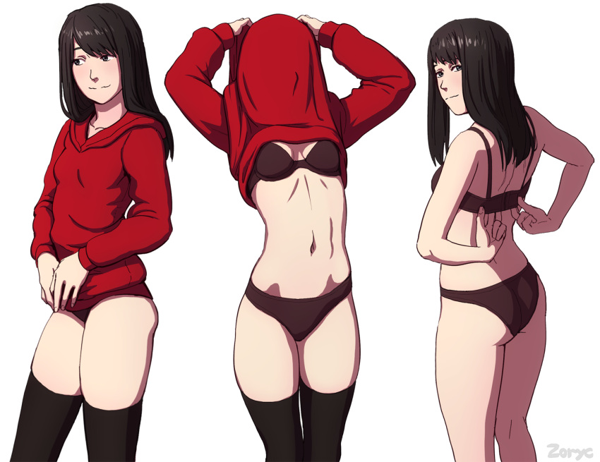 1girls black_bra black_hair black_panties bra clothes_lift grey_eyes hoodie looking_at_viewer looking_back panties red_hoodie red_sweater solo stockings sweater thighhighs undoing_bra undressing zoryc