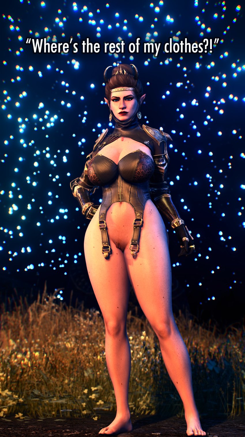 3d barefoot big_ass big_breasts bosmer bottomless breasts brown_hair corset elf elf_ears elf_female female female_only half_naked hips light-skinned_female looking_at_viewer night original_character screenshot skyrim solo tagme the_elder_scrolls thick thick_thighs thighs ugraine video_games wood_elf