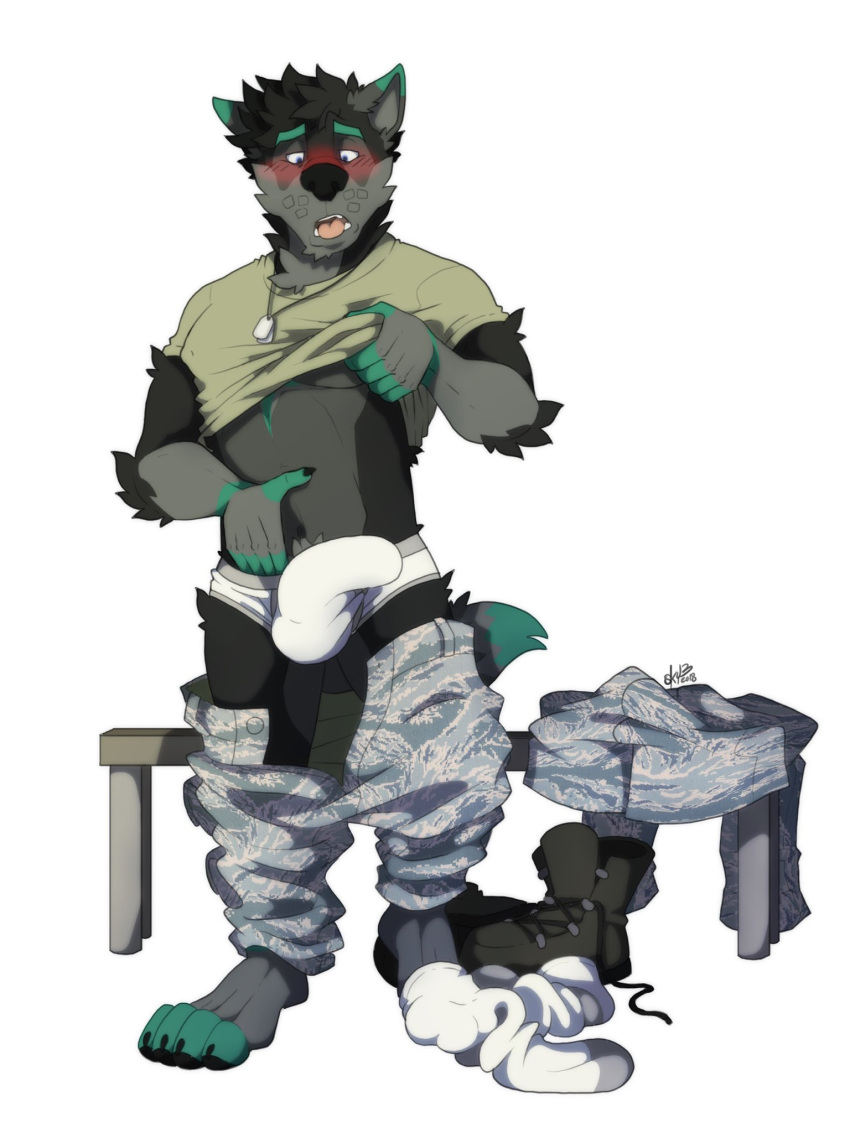 1boy 2018 4_toes anthro bench black_nose blue_eyes blush boots briefs bulge camo camo_print canid canine canis clothing dog_tags erection erection_under_clothes feet footwear fur genitals hi_res looking_at_genitalia looking_at_penis male male_only mammal military military_uniform multicolored_body multicolored_fur nate_(nate17) paws penis pubes simple_background sky3 socks solo toes tongue tongue_out underwear undressing uniform white_background white_briefs white_underwear wolf