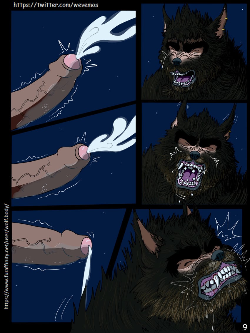 2021 absurd_res anthro bodily_fluids canid canine clenched_teeth closed_eyes comic cum drooling ejaculating_cum ejaculation fur fur_growth genital_fluids genitals growth hi_res human humanoid_genitalia humanoid_penis male mammal muscle_growth muscular muscular_male night orgasm penis saliva shaking sharp_teeth snout snout_growth solo solo_male species_transformation sweat teeth transformation transformation_sequence trembling vein veiny_penis were werecanid werecanine werewolf wevemos