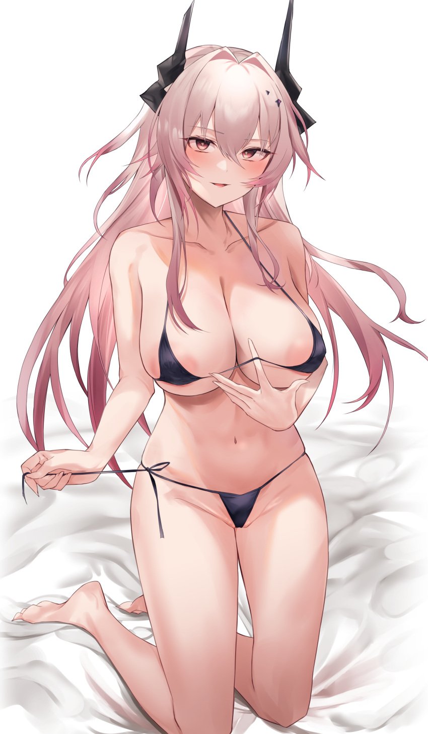 1girls 2024 arknights bedroom_eyes big_breasts bikini blush collarbone hi_res horns kneeling light-skinned_female light_skin looking_at_viewer simple_background skimpy_bikini smile solo theresa_(arknights) underwear underwear_only yomesuket