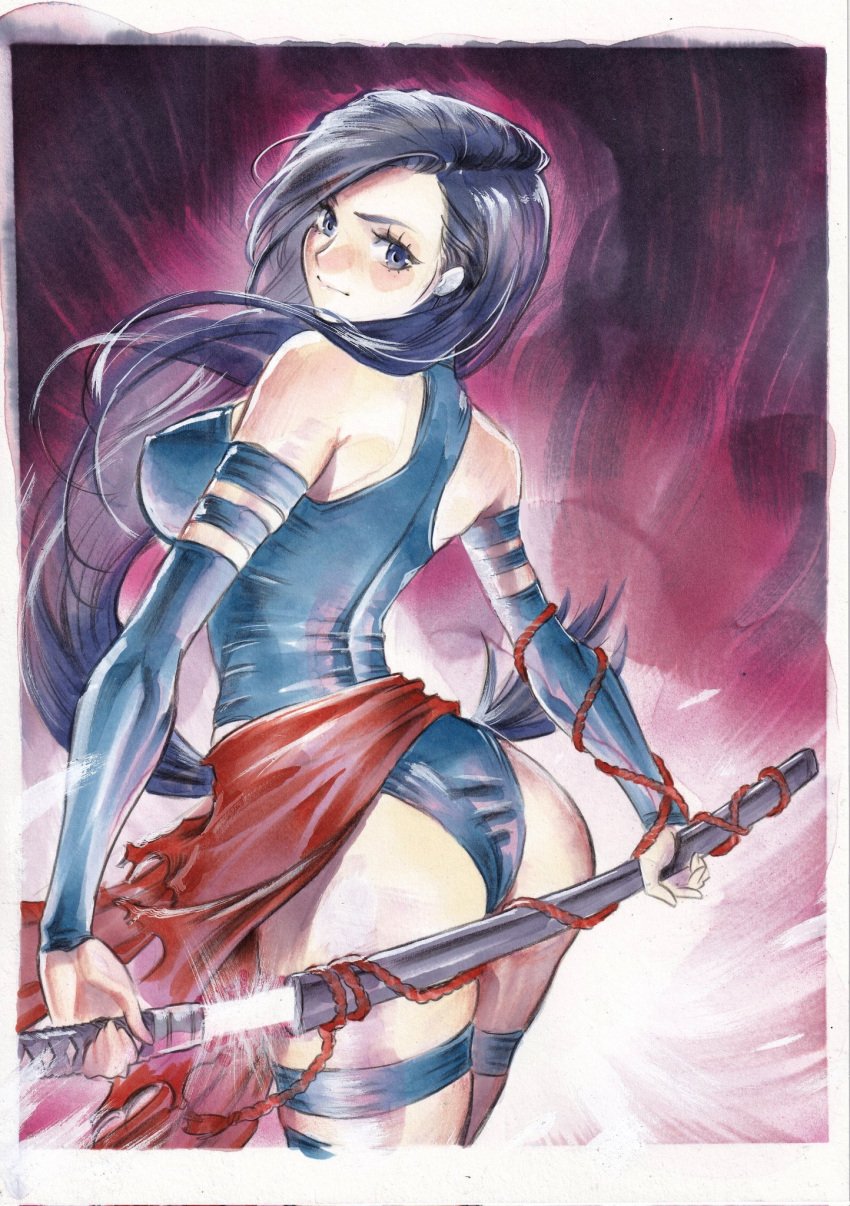 1girls ass ass_focus long_hair looking_back marvel marvel_comics psylocke purple_eyes purple_hair ro_yoshimiya solo sword