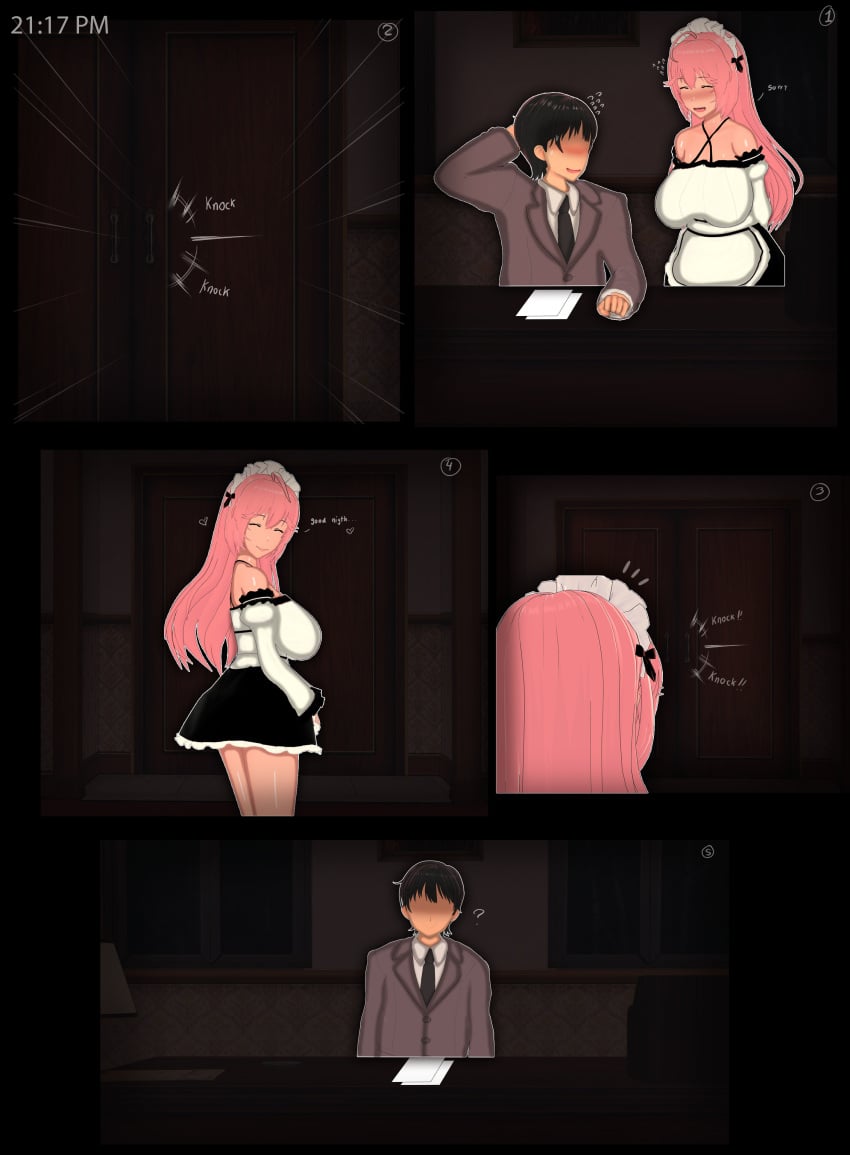 1boy 1girls 3d 5koma :d ? absurd_res absurdres background_character blue_eyes breasts closed_eyes comic dialogue door english_text faceless_male female formal hi_res high_resolution highres indoors kaori_sakuragi_(vyrus_smith) knocking looking_at_viewer looking_back maid maid_headdress maid_uniform male necktie open_mouth open_smile original pink_hair sideboob smile text uniform vyrus_smith