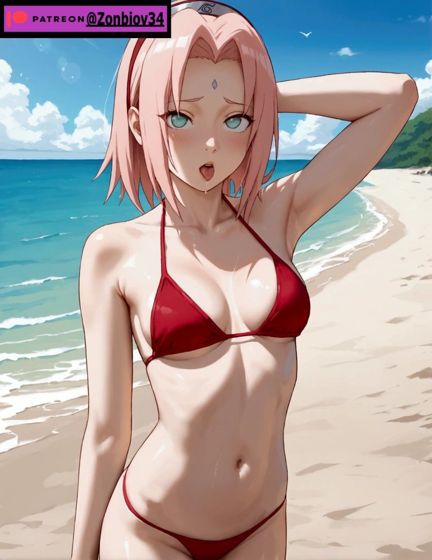 1girls ai_generated beach female female_only naruto naruto_(series) naruto_shippuden sakura_haruno seaside short_hair solo_female swimsuit tagme zonbiov34