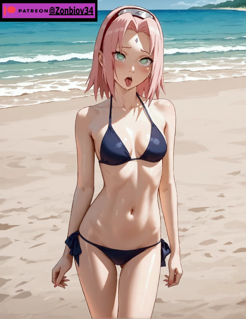 1girls ahegao_face ai_generated beach female female_only naruto naruto_(series) naruto_shippuden sakura_haruno seaside short_hair solo_female swimsuit tagme zonbiov34