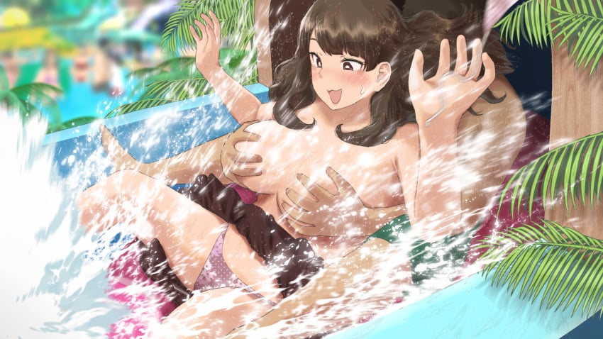 1boy 1girls arms_up bikini blush breast_grab breasts brown_hair curvy grabbing grabbing_another's_breast grabbing_from_behind large_breasts no_top open_mouth original palm_tree palm_trees plump ryokucha_michi slide splash swimsuit thighs topless topless_female tree trees water water_slide