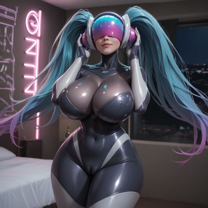 ai_generated big_breasts bodysuit cameltoe curvy dj_sona hourglass_figure large_breasts league_of_legends narrow_waist shiny_clothes sona_buvelle stable_diffusion thick_thighs tight_clothing vilacrym wide_hips