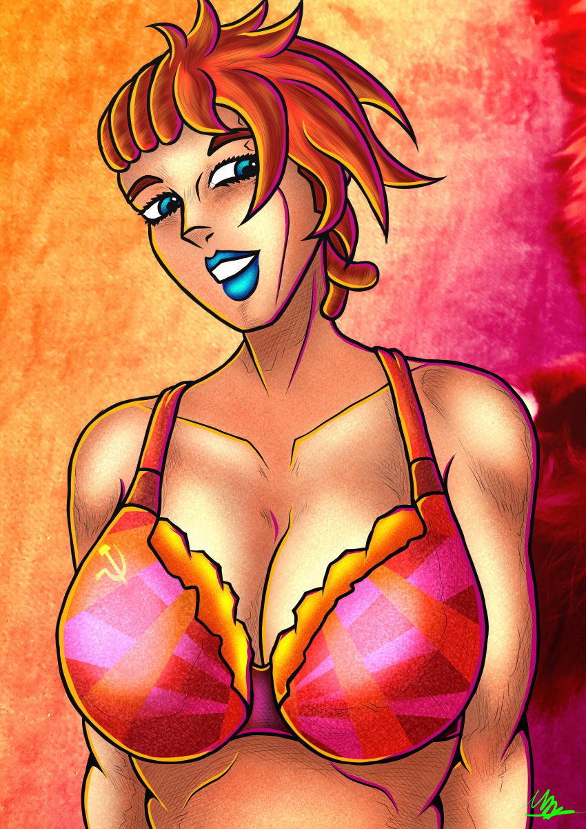 1girls big_breasts blue_eyes blue_lipstick bra digital_media_(artwork) drawing hammer_and_sickle medibangpaint mikey-rg97 original original_character red_bra red_hair russian_girl solo_female soviet_union