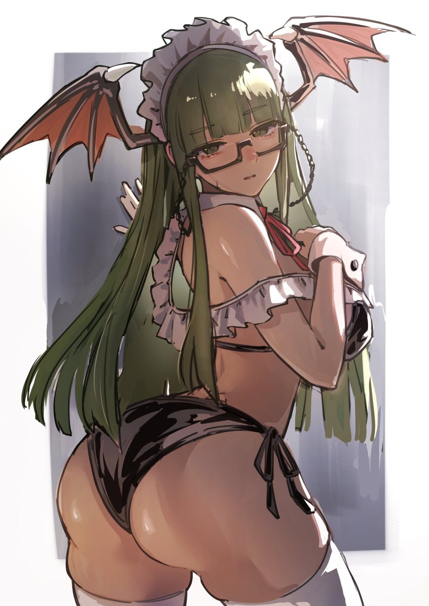 absurdres alternate_costume ap_cammy ass bikini black_bikini commentary darkstalkers demon_girl demon_wings female glasses green_eyes green_hair head_wings highres long_hair looking_at_viewer looking_back maid maid_headdress morrigan_aensland red_ribbon ribbon semi-rimless_eyewear solo swimsuit thighhighs wedgie white_thighhighs wings wrist_cuffs