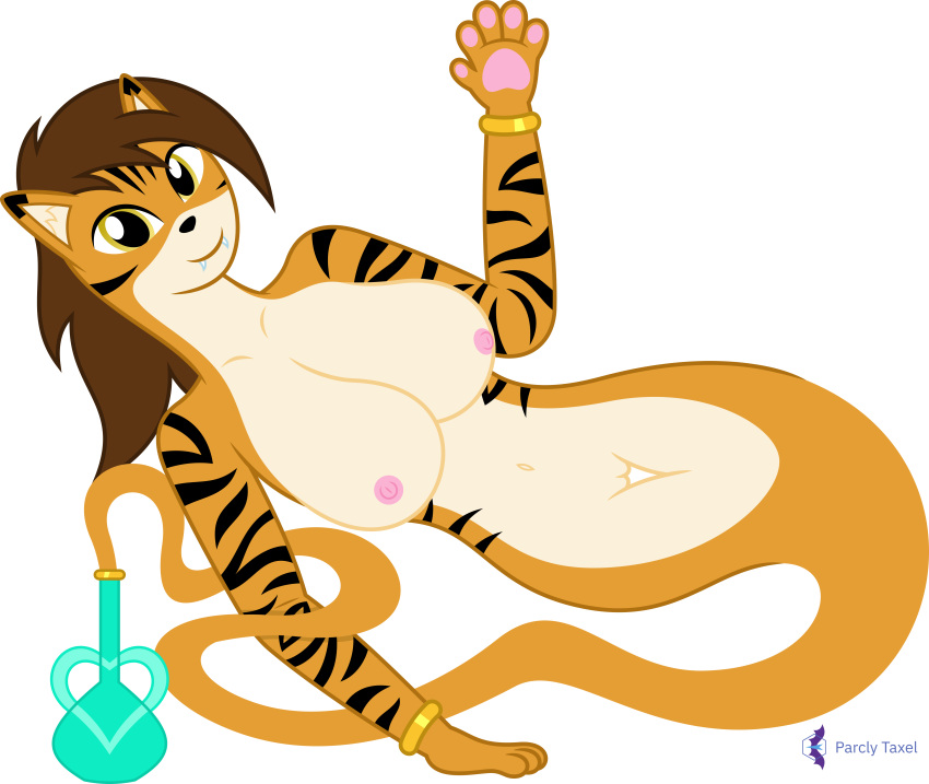 2022 absurd_res alpha_channel anthro big_breasts black_ear_tips black_stripes bracelet breasts brown_hair countershading fangs felid female floating genie genitals gold_(metal) gold_jewelry hair heart hi_res inner_ear_fluff jewelry looking_at_viewer lying mammal nipples nude on_side orange_body orange_eyes pantherine parclytaxel pawpads pussy signature simple_background smile smiling_at_viewer solo stripes tan_body tan_countershading thigh_gap tiger tori_taxel transparent_background tuft vase