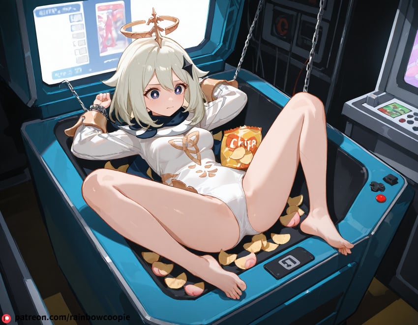 ai_generated arms_restrained beautfiul_background chips feet female frustrated genshin_impact medium_breasts paimon_(genshin_impact) spread_legs toes woman_stuck_inside_arcade_game