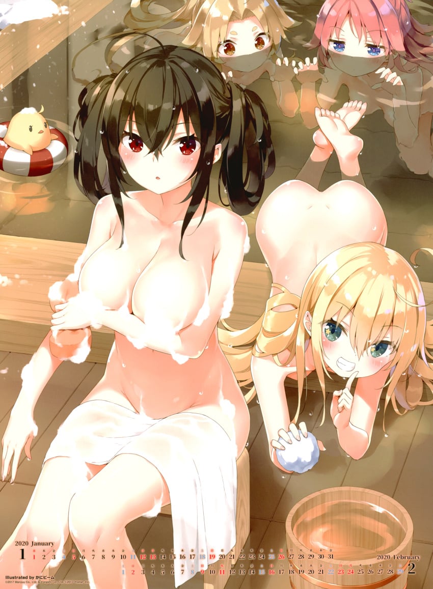 4girls absurdres afloat ahoge albacore_(azur_lane) animal artist_name ass azur_lane bangs bare_shoulders bath bathing bathtub bird black_hair blonde_hair blue_eyes blush breasts brown_eyes bucket calendar_(medium) cavalla_(azur_lane) collarbone convenient_censoring dace_(azur_lane) eagle_union_(azur_lane) eyebrows_visible_through_hair female female_only finger_to_mouth fingernails green_eyes hand_up highres holding imminent_tickling index_finger_raised innertube kani_biimu large_breasts leaning_forward light-skinned_female light_skin looking_at_viewer manjuu_(azur_lane) multiple_females multiple_girls nude nude_female ofuro_bath parted_lips partially_submerged pink_hair prank red_eyes sakura_empire_(azur_lane) scan shared_bathing shiny shiny_hair shiny_skin shushing simple_background sitting smile soap soap_bubbles soap_censor sponge taihou_(azur_lane) thighs tied_hair towel water water_drop wet wooden_bucket wooden_floor