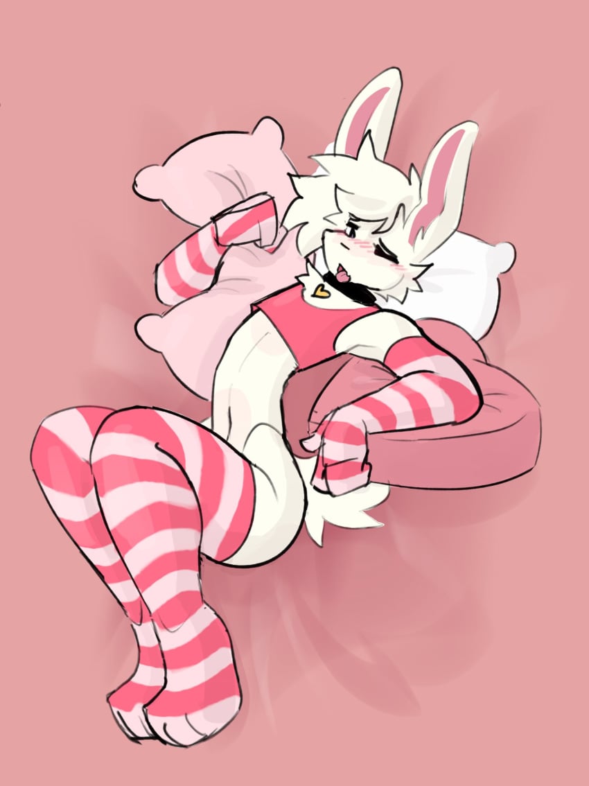 1boy 2024 anthro arm_warmers belly blush bunny_ears collar collar_tag cropped_tank_top eye_closed lagomorph pillow_grab pillows rabbit sammy_toyy thigh_highs tongue_out