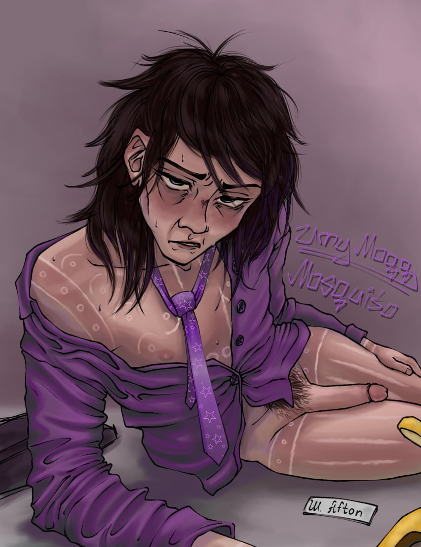 bags_under_eyes brown_hair drunk five_nights_at_freddy's ibispaintx long_hair long_hair_male male male_only no_panties penis purple_clothing purple_shirt scars sitting sitting_on_floor solo solo_male tie umymoqq_mosquito william_afton