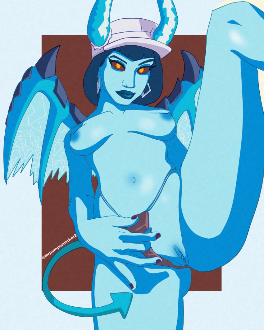 blue_lips blue_lipstick blue_nipples blue_skin breasts breasts_out demon_girl fortnite fortnite:_battle_royale hoop_earrings horns ice leg_up looking_at_viewer mrpumpernickel nail_polish no_bra panties panties_aside pussy pussy_peek red_eyes shiver_(fortnite) tail wings yellow_eyes