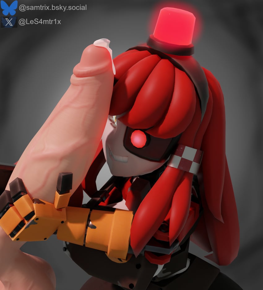 2024 big_penis blender cum cum_drip erect erect_penis erection glowing glowing_eyes image mimi_sentry penis penis_grab red_hair robot robot_girl robot_humanoid samtrix sharp_teeth tagme team_fortress_2 yellow_eyes