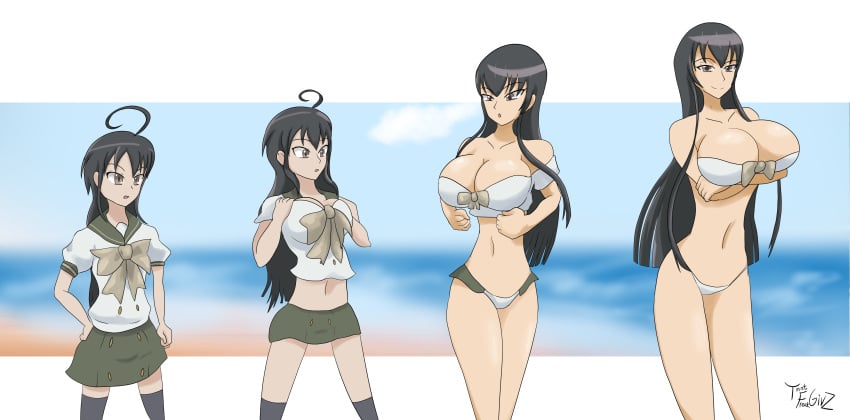 age_progression aged_up ass_expansion big_breasts bikini black_hair breast_expansion brown_eyes clevage clothing_transformation highschool_of_the_dead saeko_busujima school_uniform shakugan_no_shana shana thatfreakgivz transformation transformation_sequence white_bikini